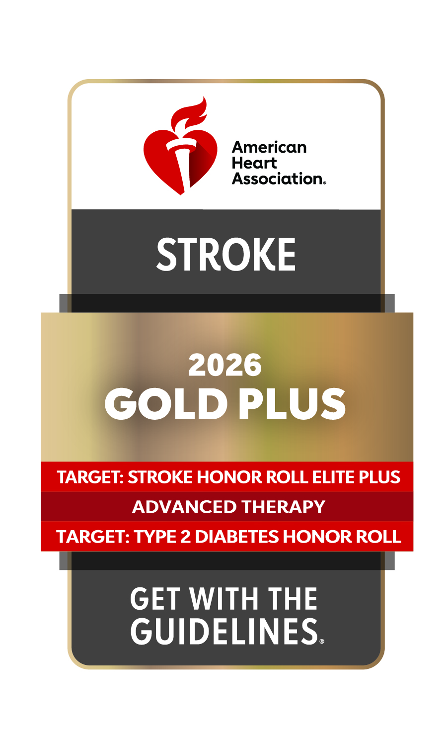 American Heart Association 2026 Stroke Gold Plus badge