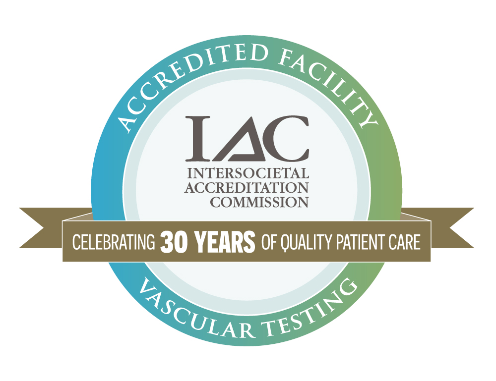 Intersocietal Accreditation Commission (IAC) Accredited Facility badge for vascular testing, recognizing 30 years of accreditation