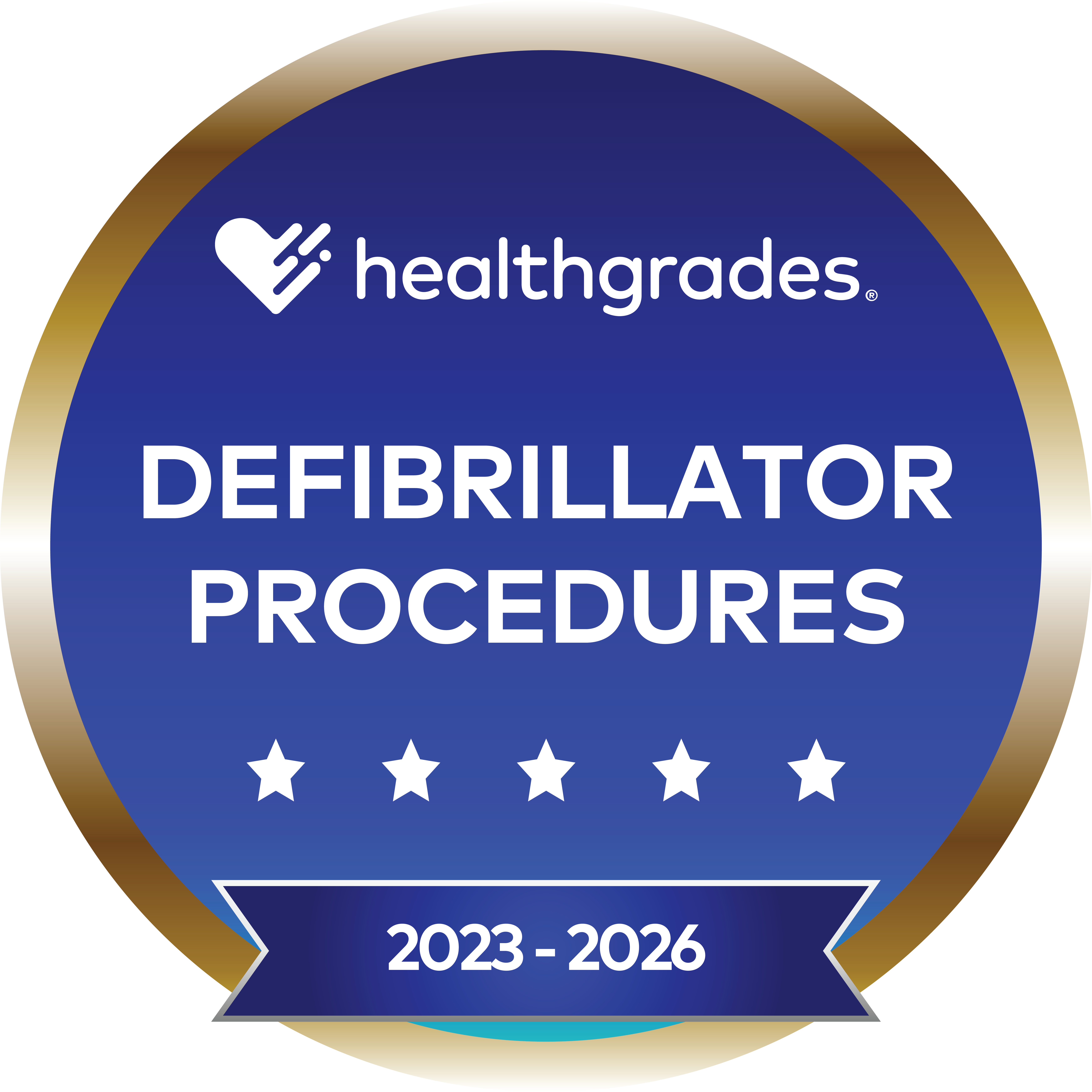 Healthgrades five-star badge for defibrillator procedures for 2023-2026